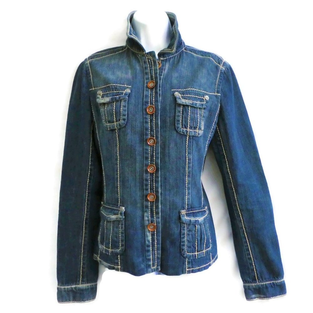 Elie Tahari Denim Jacket Big Stitch Floral Paisley Lining Decorative Buttons